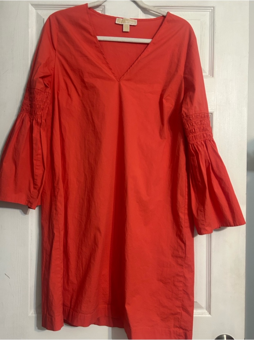 Michael Kors Women’s V‑Neck Shift Dress with Bell Sleeves Size Large Orange